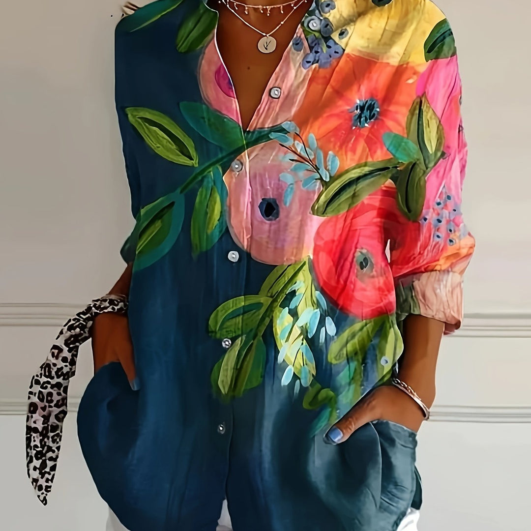 Koszula damska casualowa z kwiatowym nadrukiem i klapami