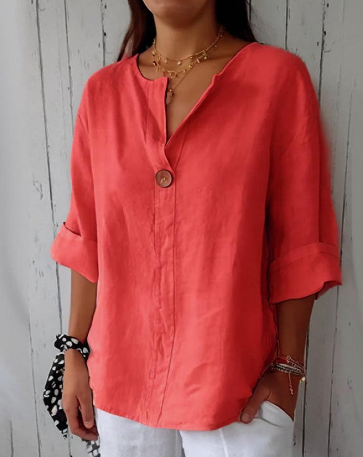 Wygodny top z dekoltem w serek, wykonany z bawełny i lnu