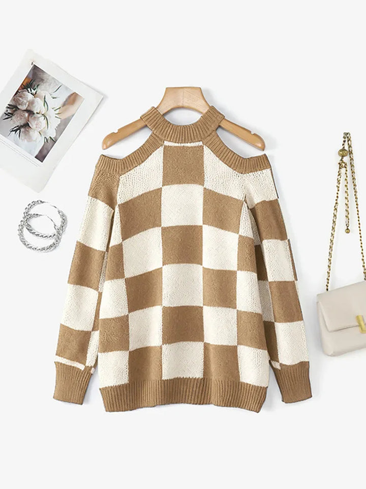 Damski sweter z odkrytymi ramionami – krata, długi rękaw, jesień/zima