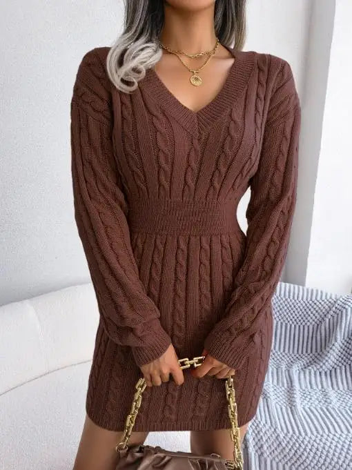 Damska dzianinowa sukienka z dekoltem V – elegancka, modna i dopasowana