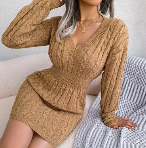 Damska dzianinowa sukienka z dekoltem V – elegancka, modna i dopasowana