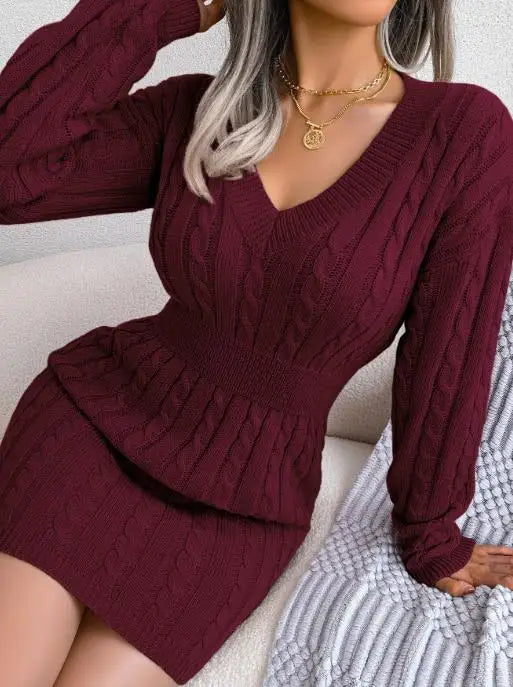 Damska dzianinowa sukienka z dekoltem V – elegancka, modna i dopasowana