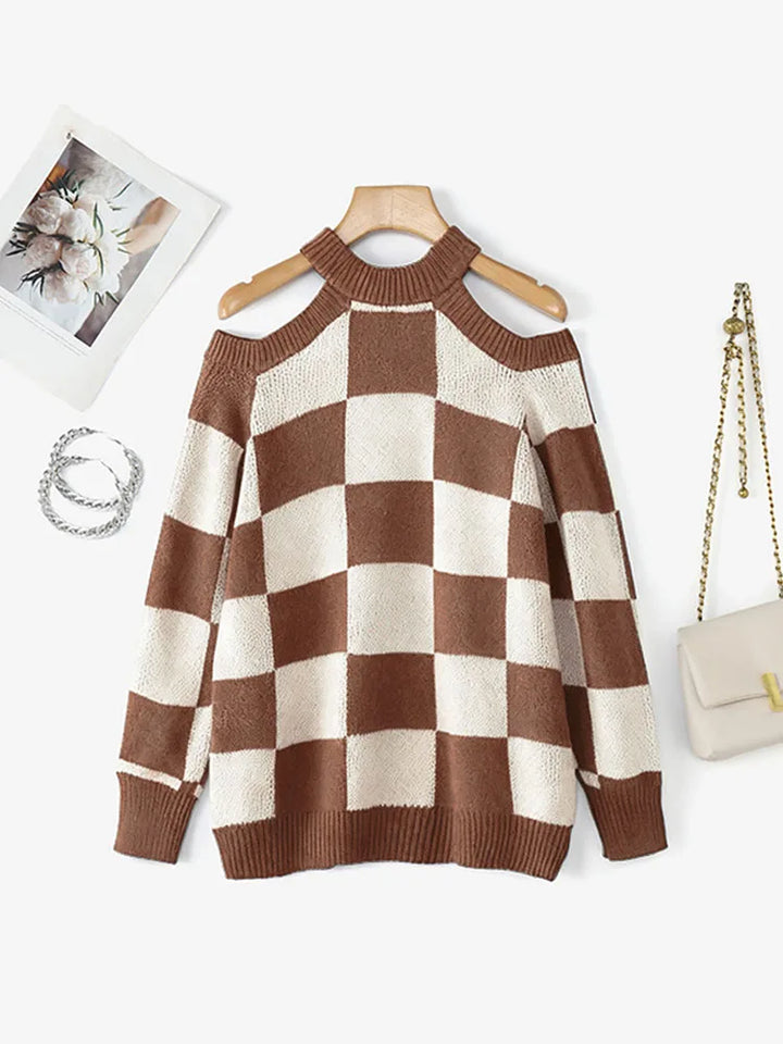 Damski sweter z odkrytymi ramionami – krata, długi rękaw, jesień/zima