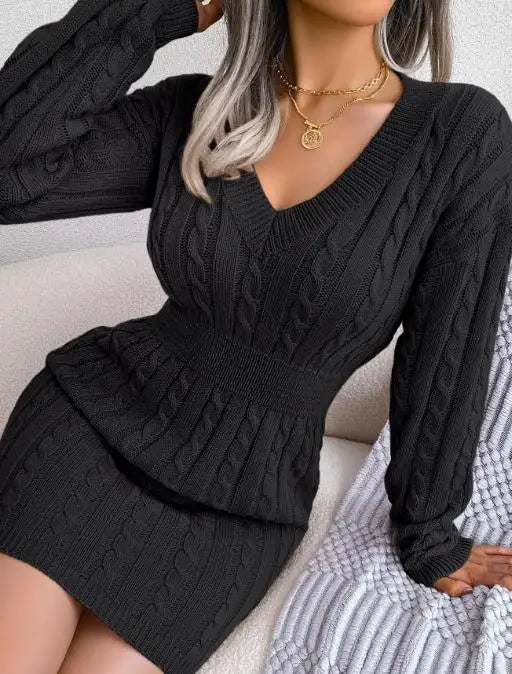 Damska dzianinowa sukienka z dekoltem V – elegancka, modna i dopasowana