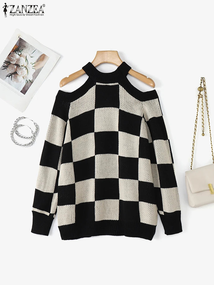 Damski sweter z odkrytymi ramionami – krata, długi rękaw, jesień/zima