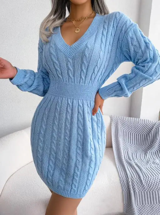 Damska dzianinowa sukienka z dekoltem V – elegancka, modna i dopasowana